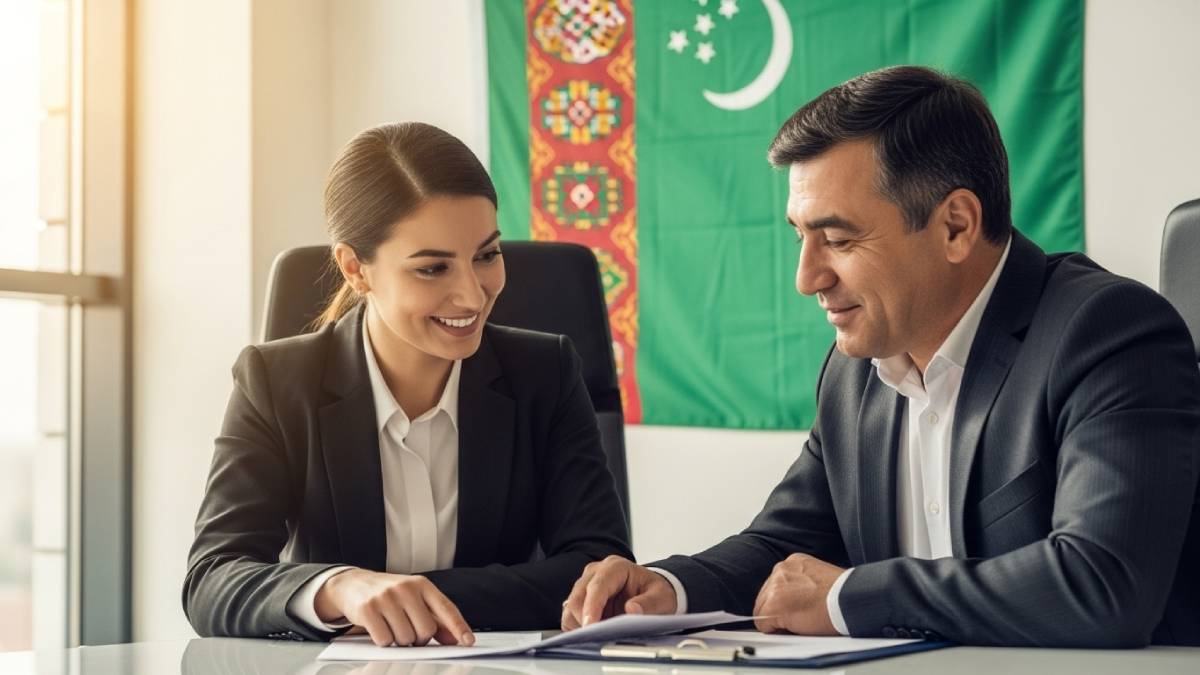 Traducteur avec client turkmène, bureau moderne, drapeau du Turkménistan bien visible