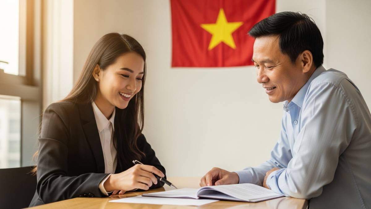 Traducteur avec client vietnamien, bureau moderne, drapeau vietnamien bien visible