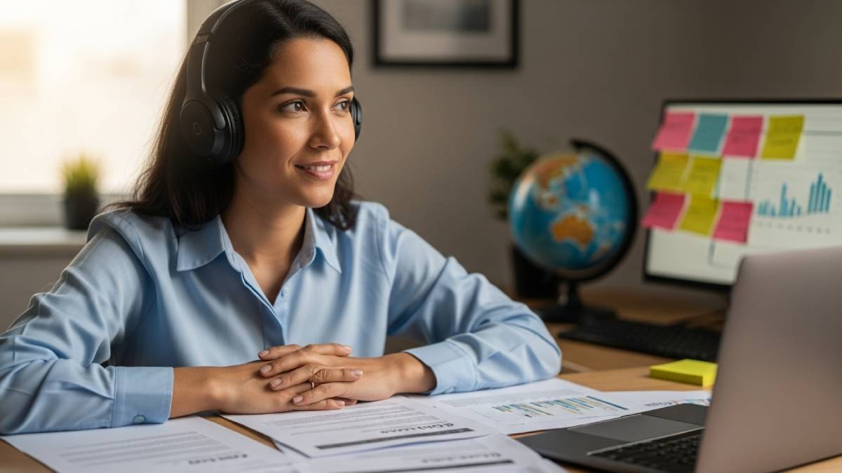 Traductrice souriante au travail avec documents multilingues et ambiance chaleureuse.