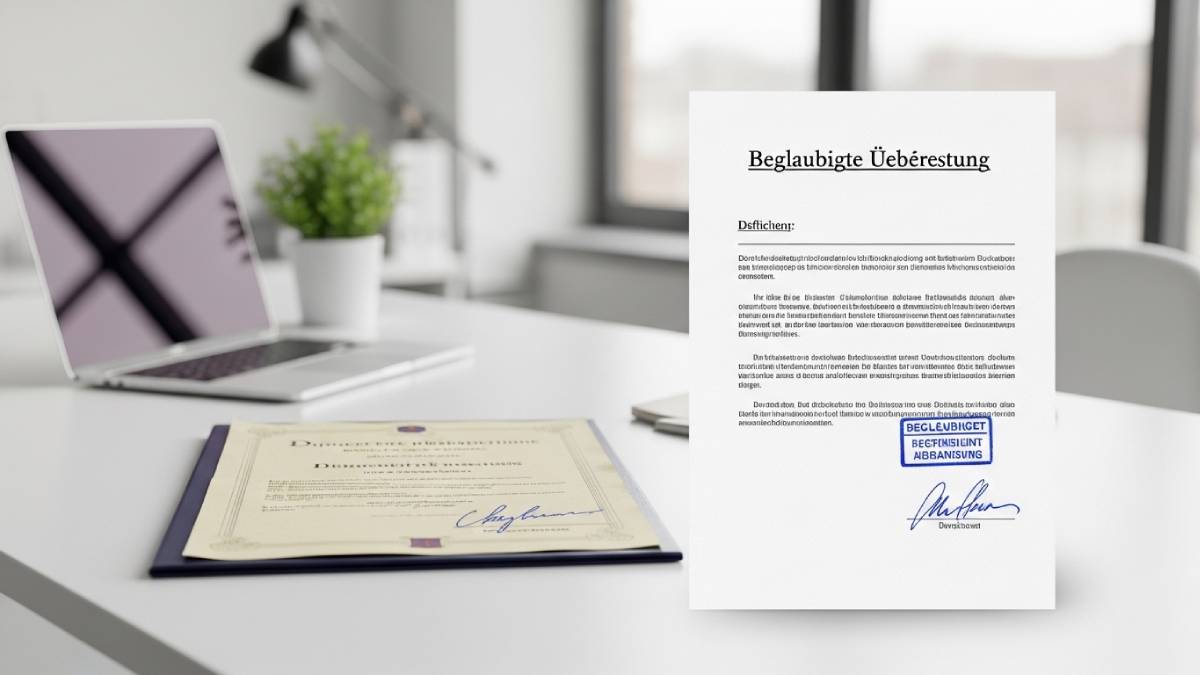 Esempio di traduzione certificata in tedesco con timbro ufficiale di un traduttore giurato.