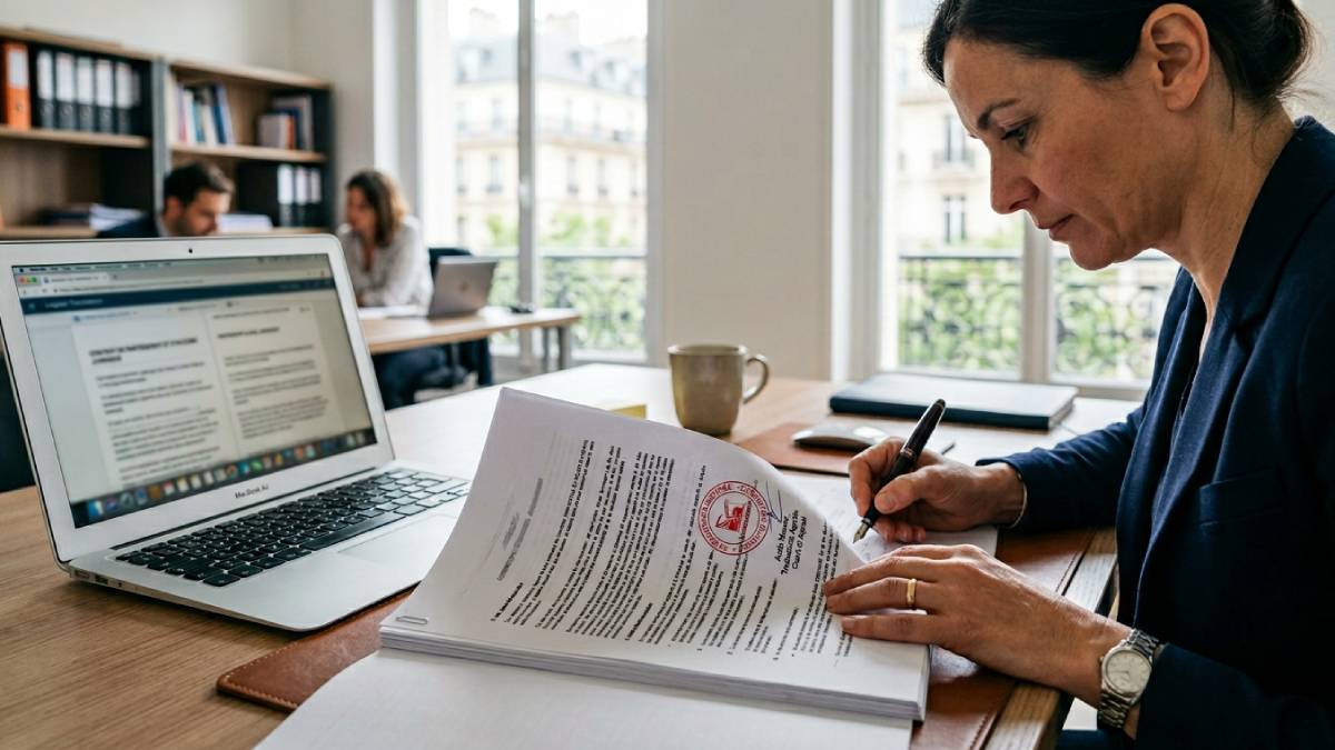 Traduttrice certificata che lavora su un documento ufficiale aziendale in uno studio professionale.