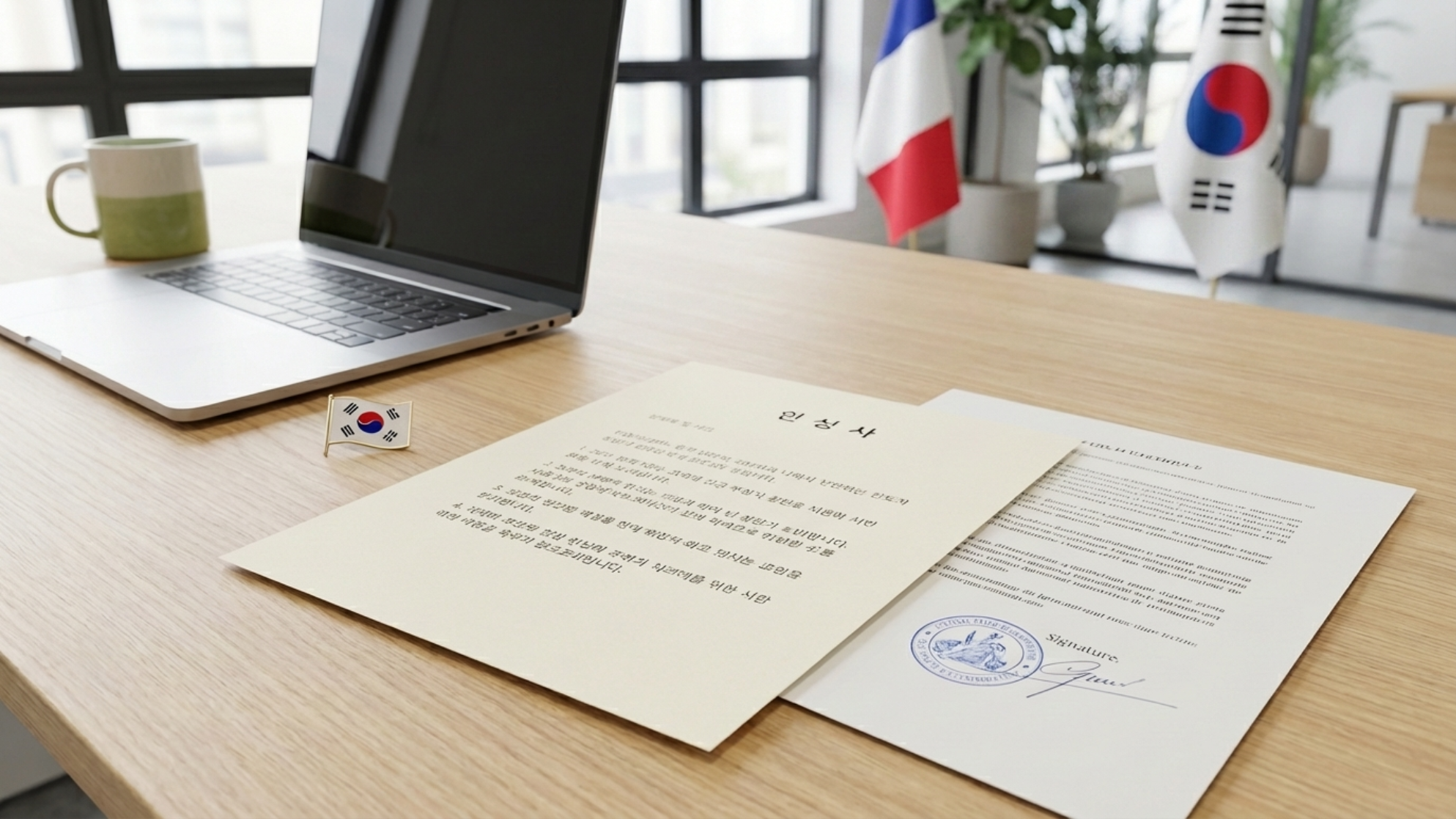 Traduction officielle en coréen d'un acte administratif avec sceau et signature d'expert.
