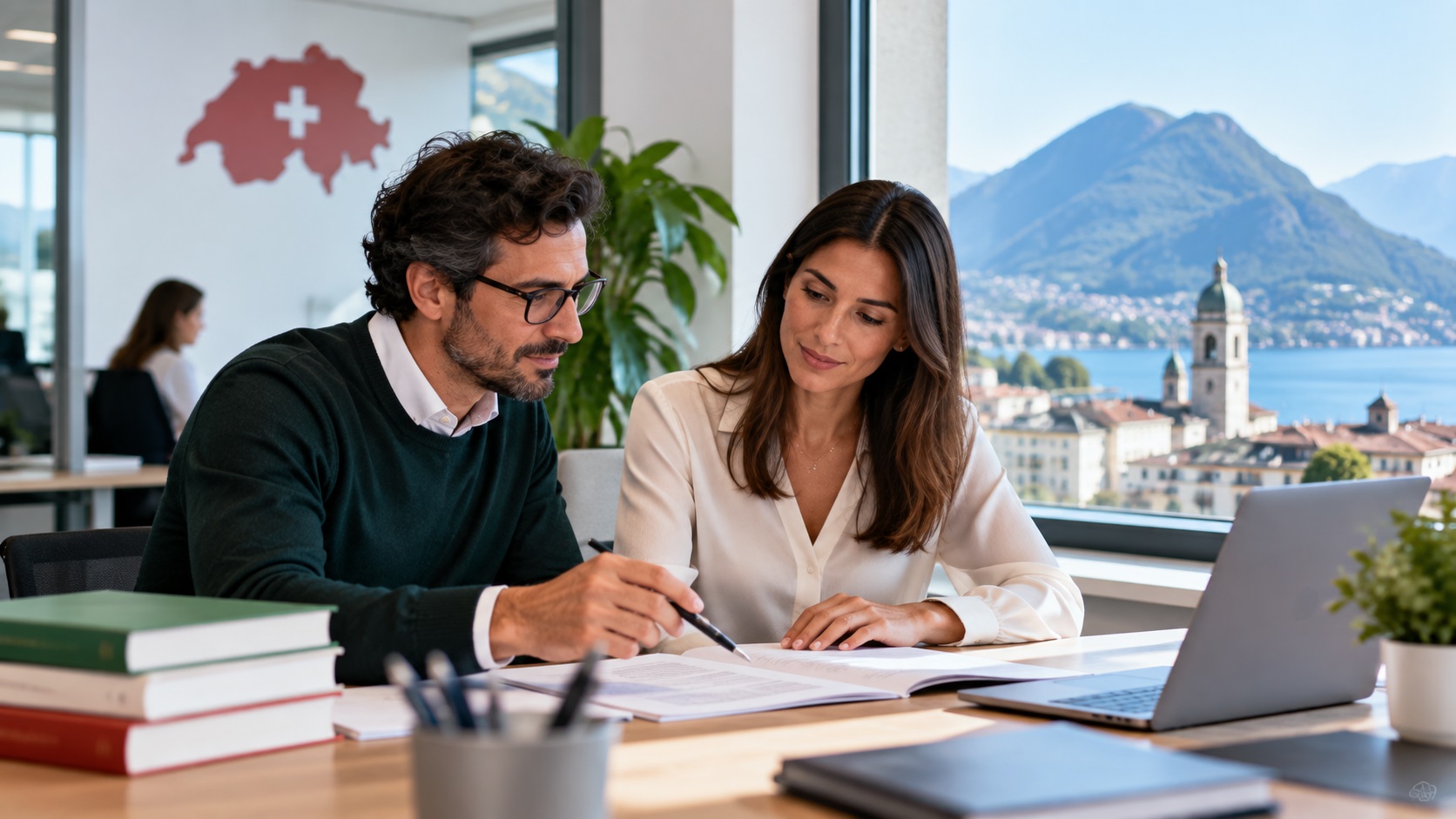 Traducteur échange avec un client italophone dans un bureau lumineux